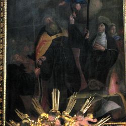 Altarbild des linken, von der Monika- oder Gürtelbruderschaft gestifteter Seitenaltar in der ehem. Augustiner-Eremitenkirche in Tittmoning, gemalt von Br. Dietrich, um 1700, unten links möglicherweise Maralt
