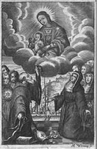 Rattenberger Andachtsbildchen mit der Gürtelspende der hl. Monika und dem hl. Augustinus